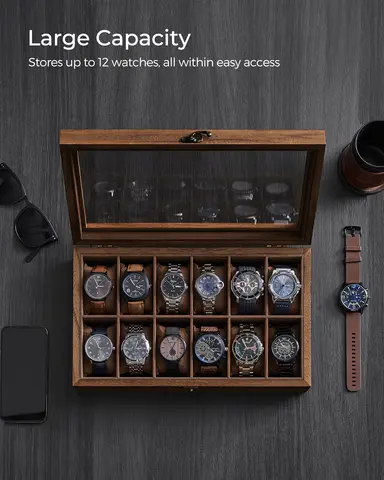SONGMICS Klocklåda, Klockfodral med 12 fack, Klocklåda i massivt trä med glaslock, Klockdisplay med avtagbara kuddar 8 best sales 12-fack klocklåda - №6