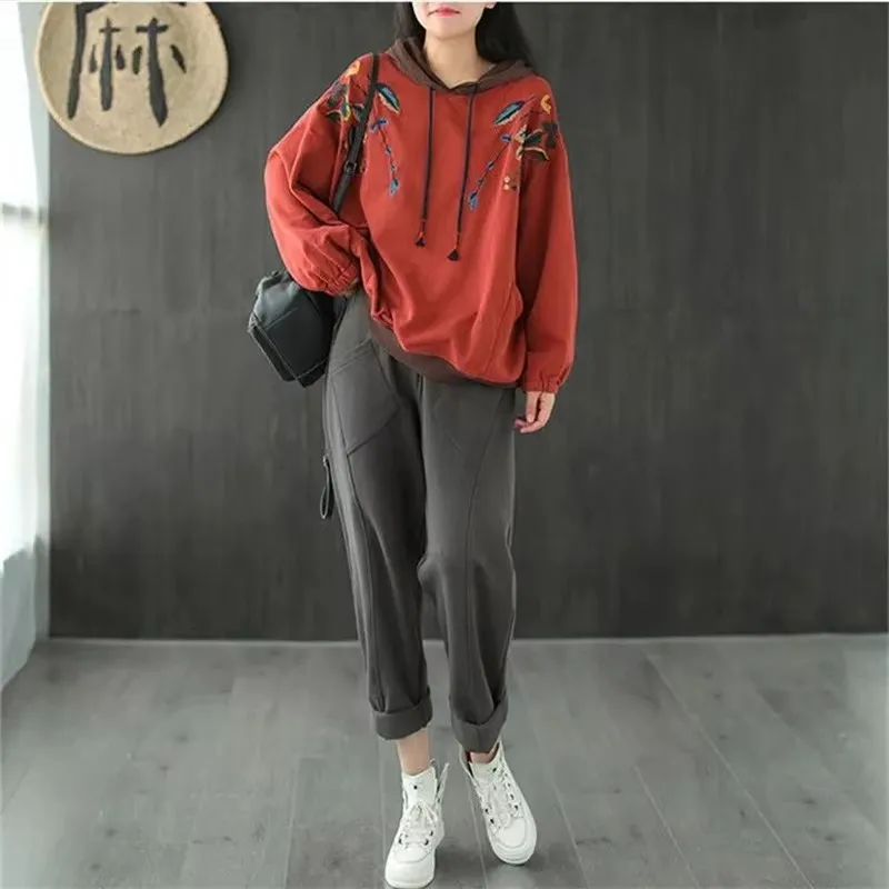 Damska bluza z kapturem i haftem Wiosna Jesień Nowy Retro Art Luźny Pullover Casual Damski Bawełniany Top 4XL
