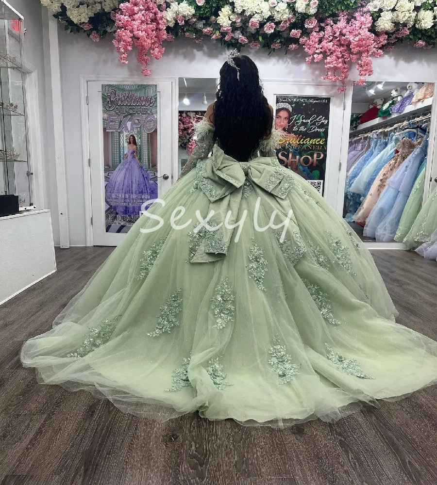 Abiti Quinceanera verde fata incantata con piume principessa pizzo dolce 15 abito in rilievo abiti da 15 quinceañeraCustomized
