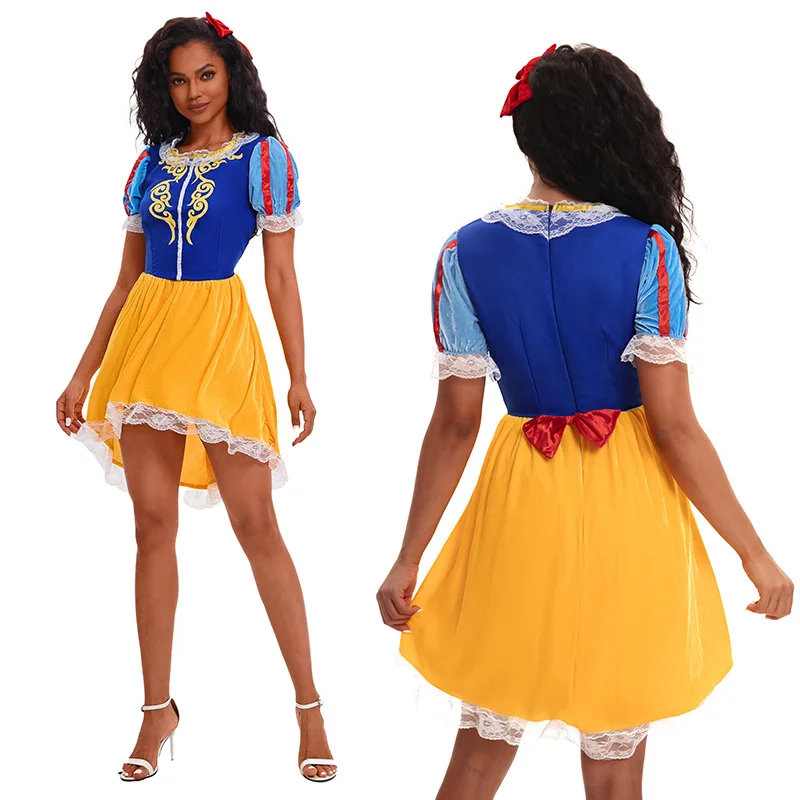 

Halloween Snow White Dress Women Cospaly Fairy Tale Princess Costumes Blue Yyellow Puffy Princess Dress Blue Bow anime