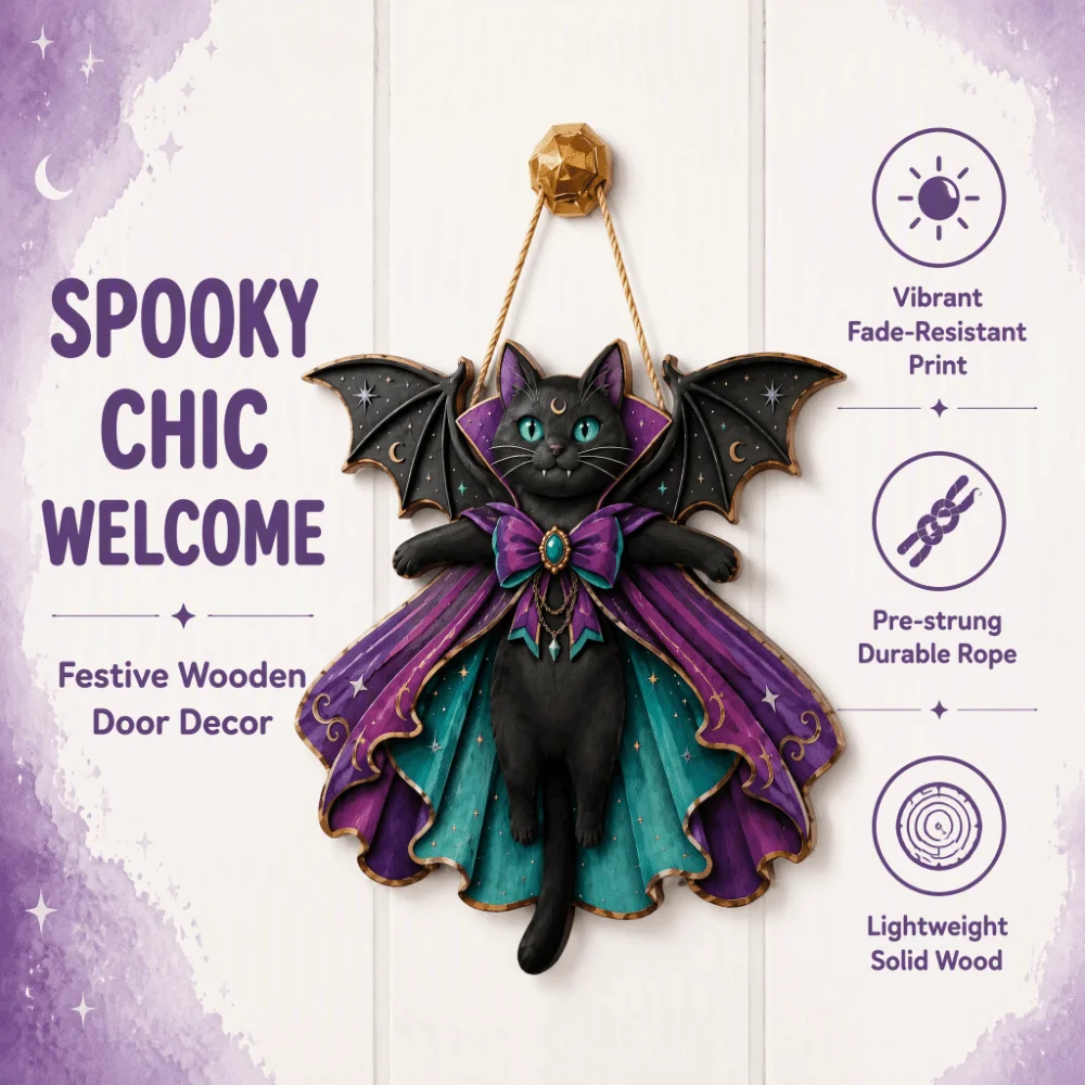 2D Flat Halloween Black Cat Door Sign Vintage Style Moon Star Holiday Bat Wing Cat Pendant DIY Spooky Bow Knot
