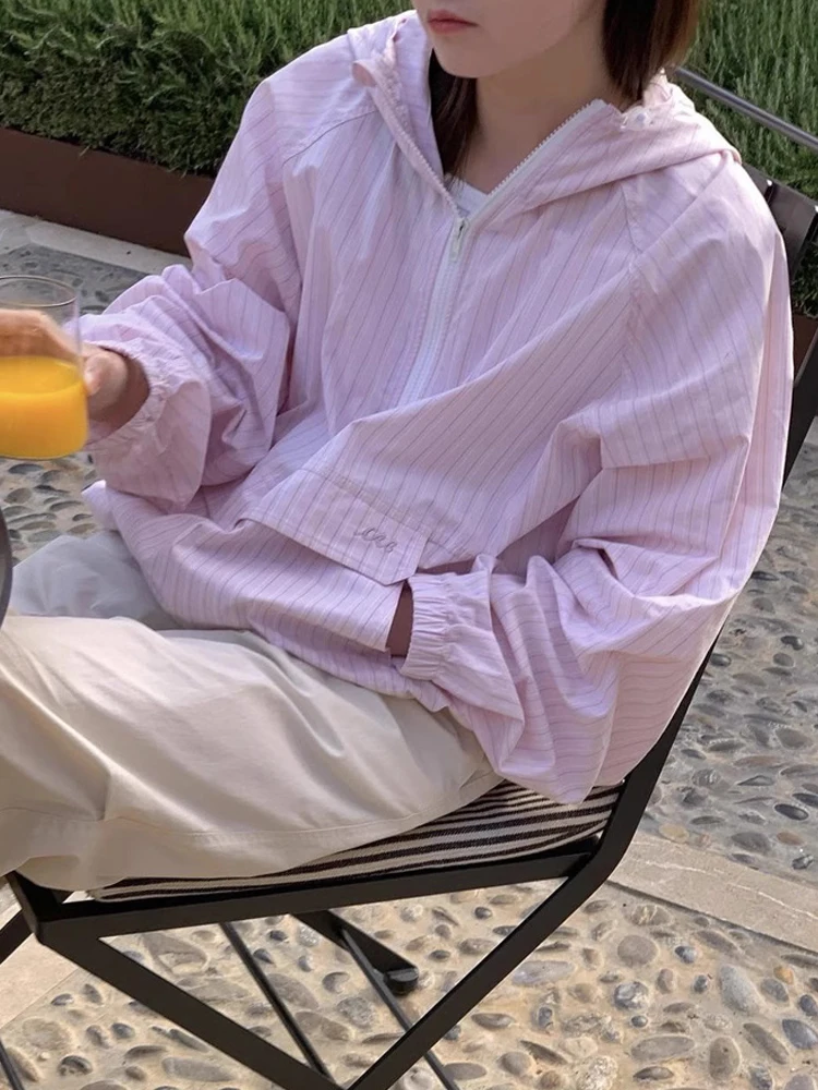 

Женская полосатая рубашка Lerobe, весна 2026, повседневная, свободного кроя, с вышивкой, с капюшоном, на молнии до середины, из хлопка, с длинным рукавом, для работы и повседневной носки