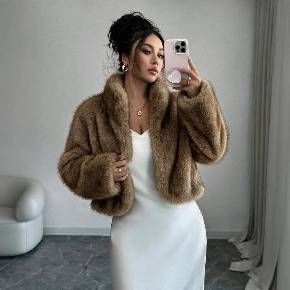 Korean Lapel Short Faux Fur Fluffy Faux Fox Fur Women's Coat
