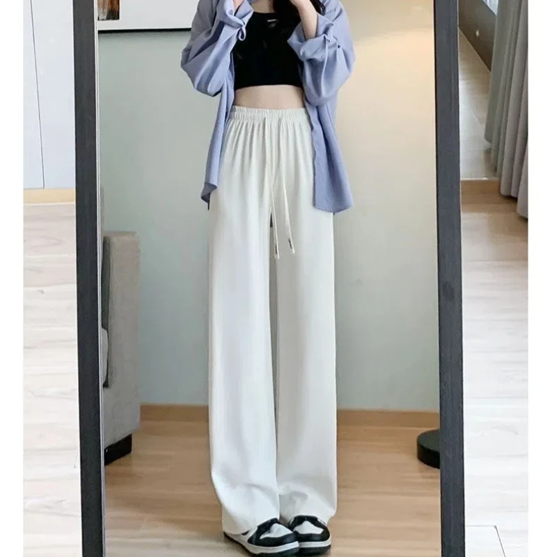 2024 Summer Women's Casual Fashion Elegant Commuting Solid Color High Waist Pocket Strap Drop Feel Straight Leg Wide Leg Pants