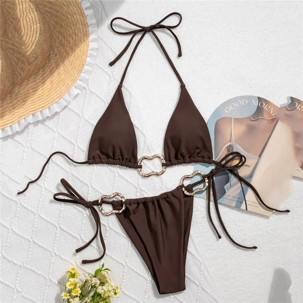 

Сексуальное бикини с металлическим кольцом, треугольные стринги, мини-стринги, женский купальник, коричневый однотонный купальник 2025 года, комплекты бикини для купания