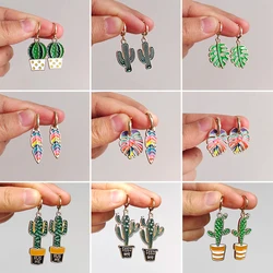Small and Exquisite Enamel Cactus Colorful Leaf Dangle Earrings for Women Fashion Creative Unique Design Plant Earring Jewelry