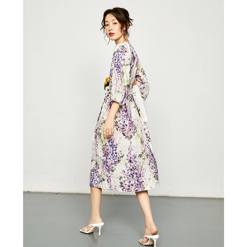 Midi Dress for Women, Crew-Neck, Puff-Sleeve, Purple Floral Printed, Self-Tie, High Quality, Brand Pairs, Summer, 2024 new