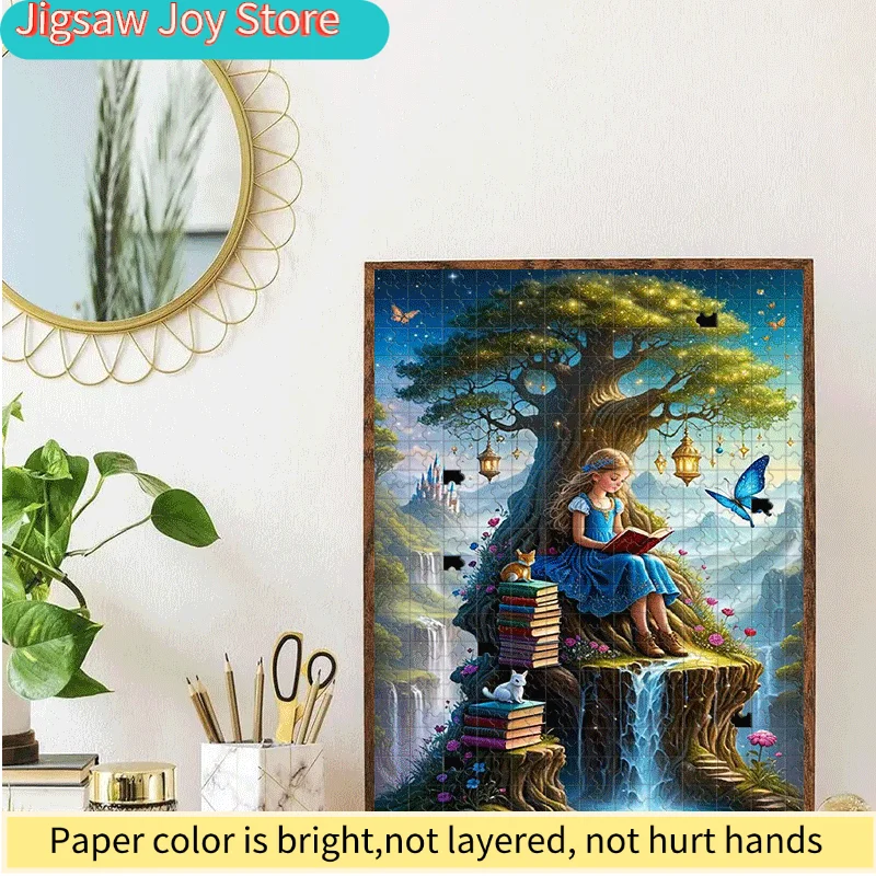 Puzzle de château de conte de fées magique de 500/1000 pièces avec fille, arbre, chat, château et cascade - Couleurs vibrantes, défi stimulant