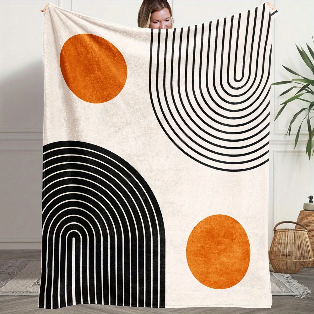 1pc Fluffy Blanket, Eometry, Lines Print White Throw Blanket, White Blanket Barefoot Bream Blanket, Throw Blanket for Sofa, Wint