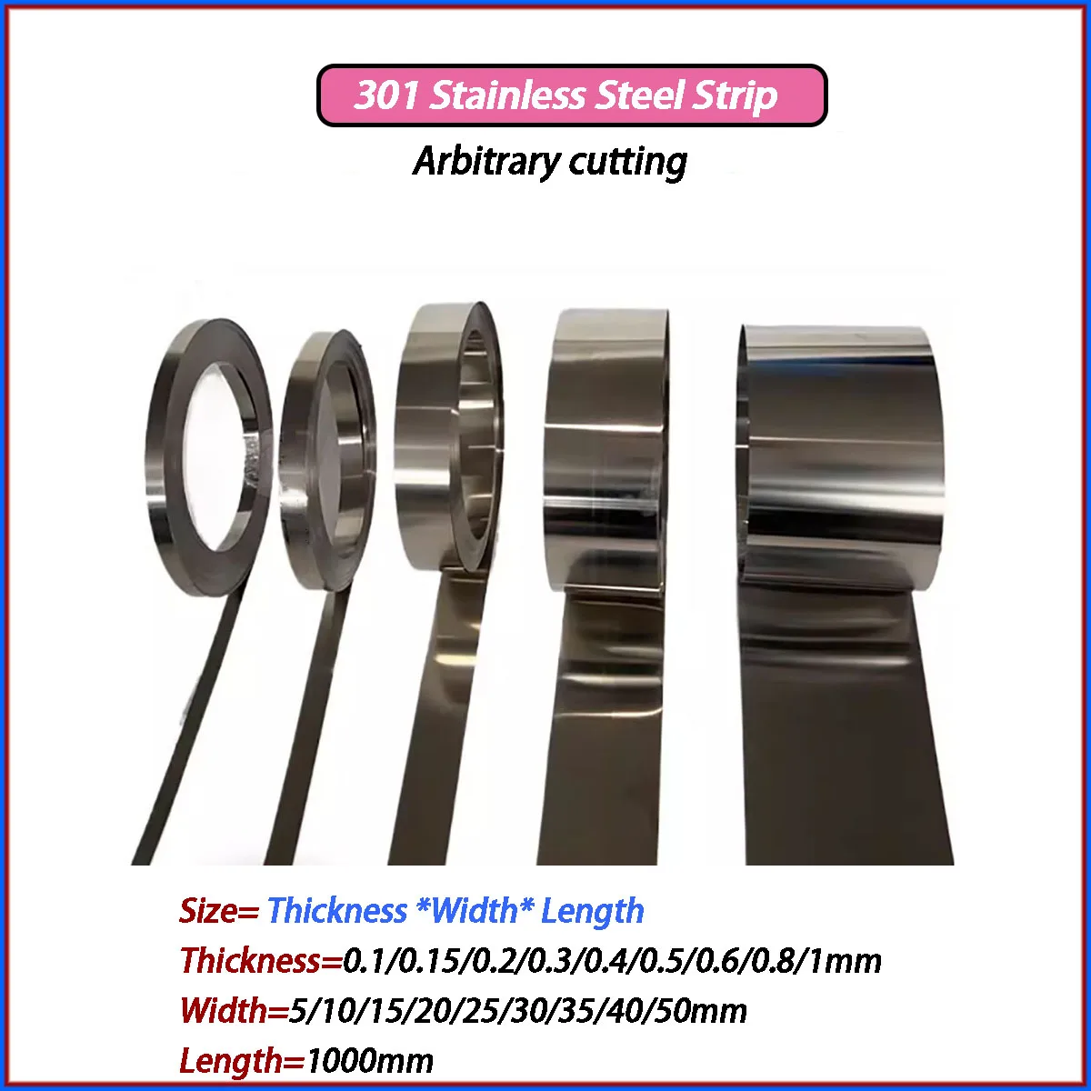 

Thick=0.1mm- 1mm 1M High Elasticity 301 Stainless Steel Foil Strip Steel Foil Roll Narrow Strip Width 10/15/20/25/30/50mm