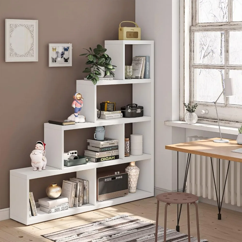 6 Cubes Bookshelf, Freestanding 6-Cube Stepped Etagere Bookcase, L Shaped Ladder Corner Open Bookshelf, Wood Storage Display