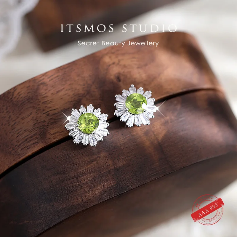 ITSMOS s925 Sterling Silver Peridot Earrings Sunflower Pave CZ Diamond Jewelry Genuine Stone Studs for Women Brithday Gift