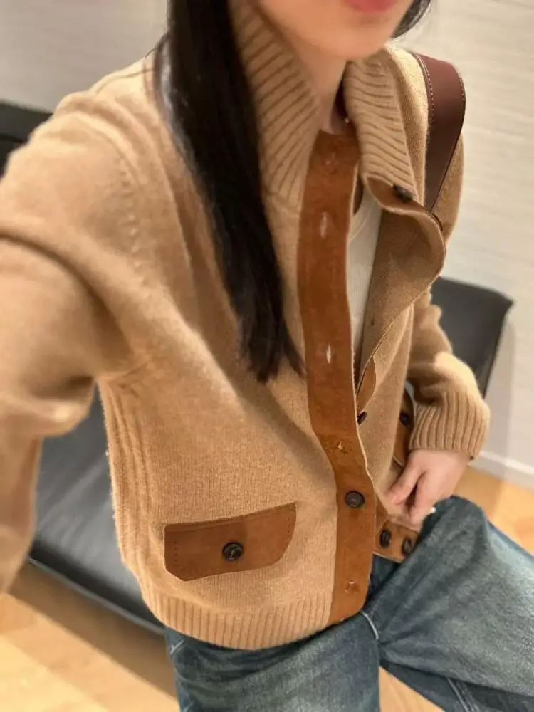 

Early autumn new fashion Joker color matching round neck long sleeve 100% cashmere knit cardigan temperament Joker.