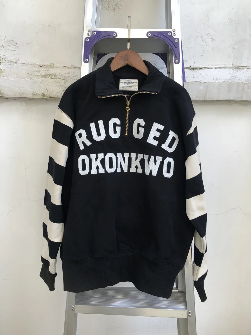 100% Cotton Washed Heavyweight American Vintage Prisoner Stripe Embroidered Half-Zip Biker Sweatshirt with High Stand Collar