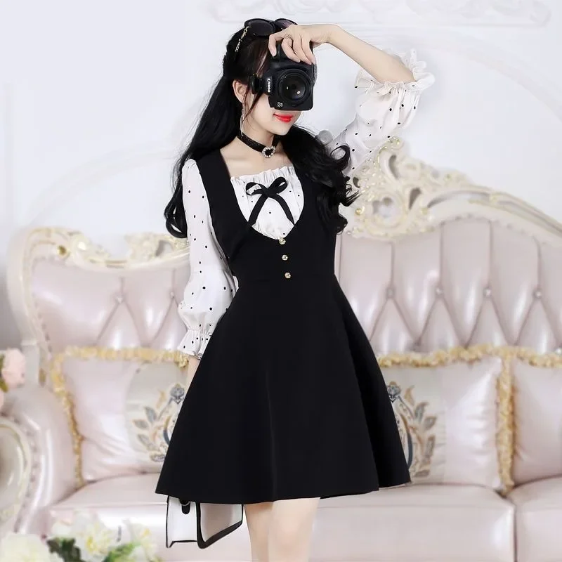 Dress Women Spring New Black Polka Dot Patchwork 2025, Slimming Down By Seven Points with Bubble Sleeves Dresses