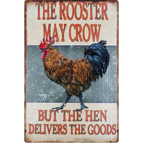 Funny Metal Tin Sign The Rooster May Crow But The Hen Delivers The Goods Signs