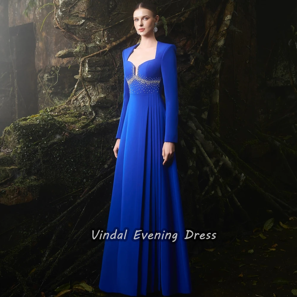 Vindal Crepe Floor length Square Neckline Sexy luxurious Beaded A-Line Breast Padding Elegant Long Sleeves السعود For Woman 2024