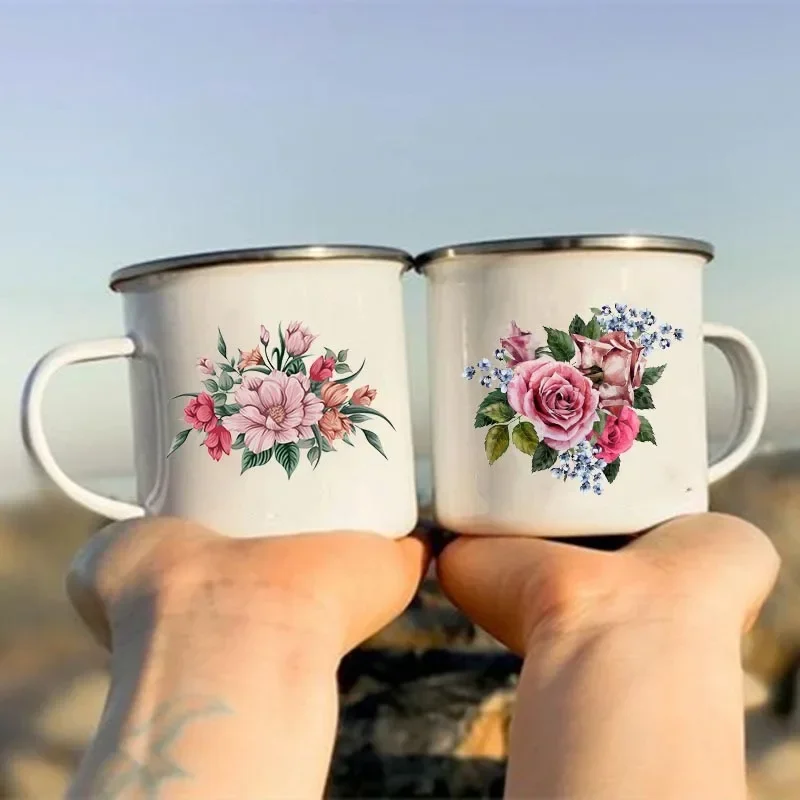 Flower Print Retro Enamel Mugs Creative Coffee Cups Summer Outdoor Picnic Drinks Juice Milk Camping Mugs Handle Drinkware Gifts