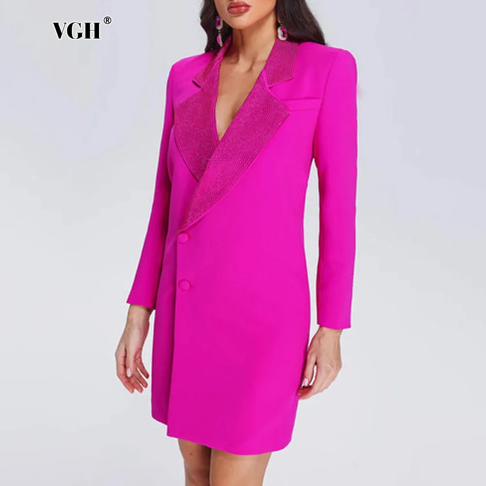 VGH Patchwork Sequins Midi Length Blazer for Women Notched Collar Long Sleeve Spliced Single Breasted Temperament Coats Female