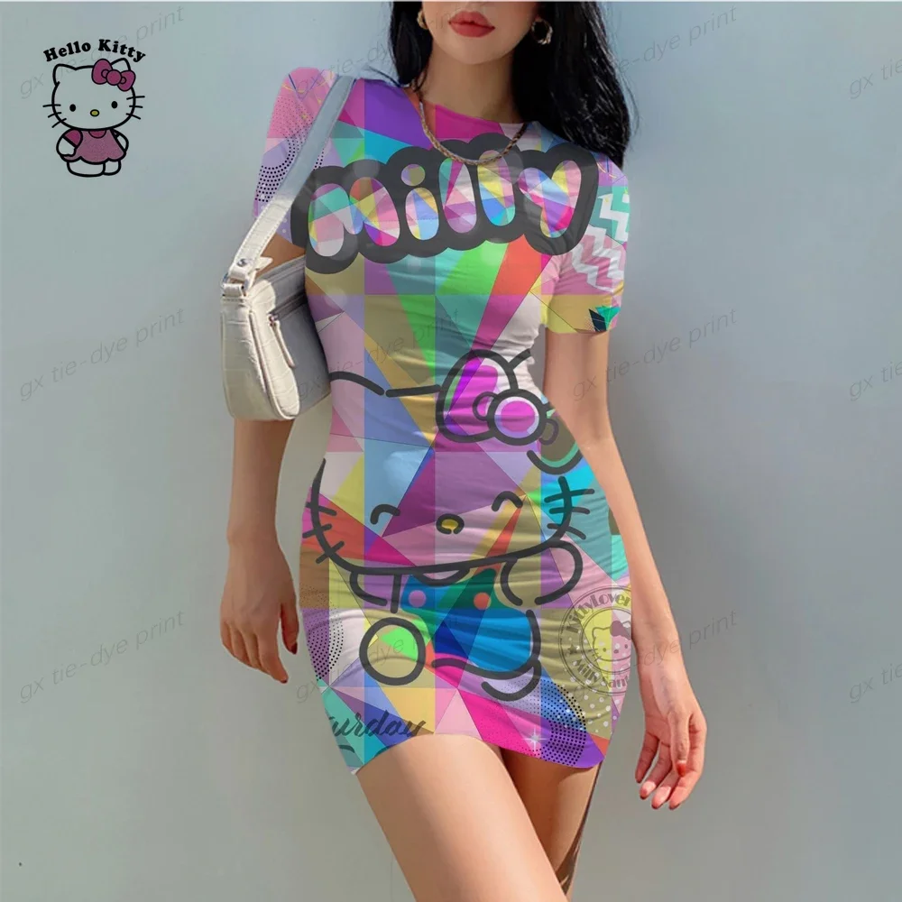 Hello Kitty Sexy Strakke Geplooide Taille Mini Rok Pittige Meisje Slim Fit Jurk Bodycon Dames Tank Top Cortos Party