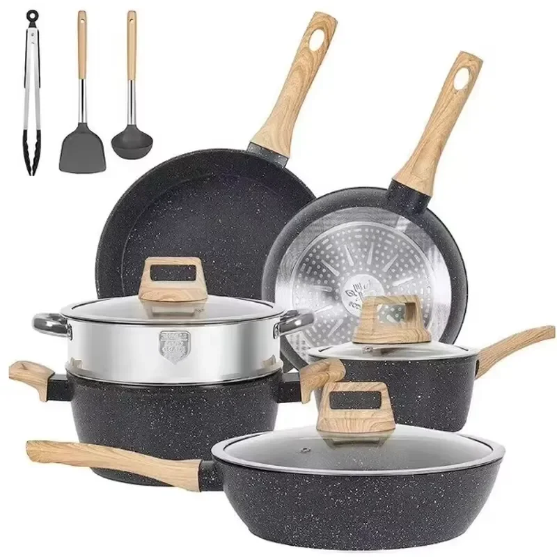 12 Piece Granite Coating Cookware Set Non Stick Frying Pan Pot Kitchen Cooking Utensils Induction Compatible Modern Design