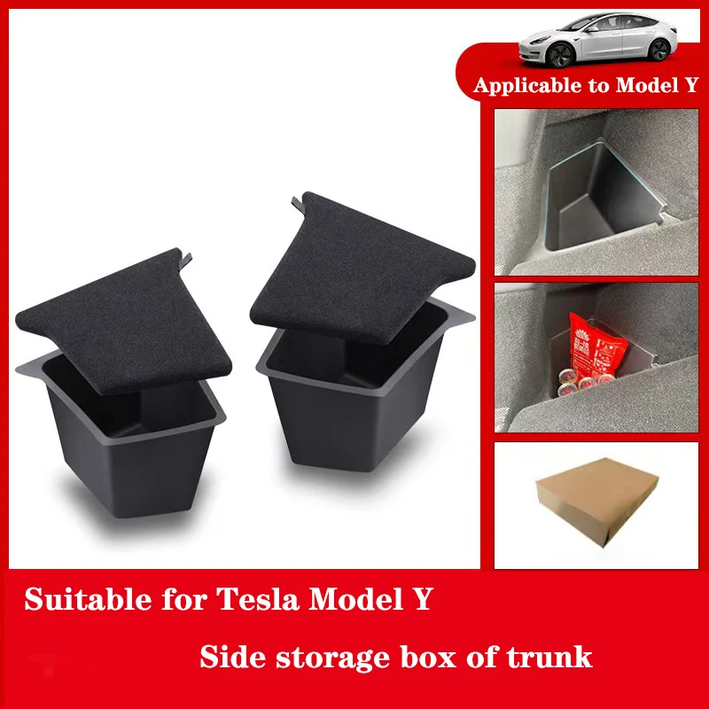 Car Trunk Side Storage Box For Tesla Model Y 2018-24 Hollow Cover Organizer Flocking Mat Partition Decoration Accessories