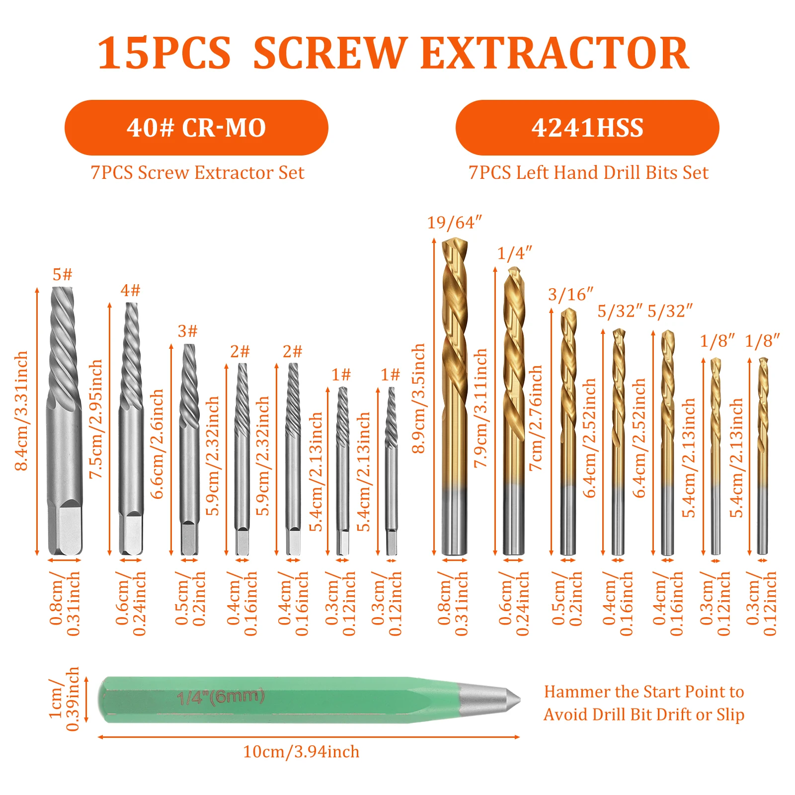 15Pcs Damaged Screw Extractor Set Left Hand HSS Drill Bits Center Punch Stripped Broken Bolt Removal Tool Kit for Auto Home DIY