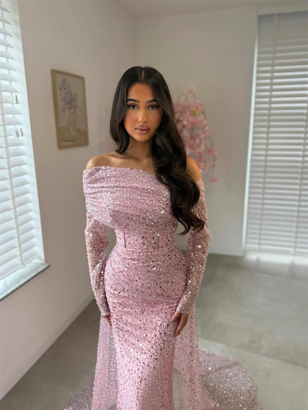 Cathy Customized Pink Off Shoulder Beaded Prom Dresses Mermaid Sheer Sleeves vestidos de noiva Corset Sweep Train Formal Evening image 3