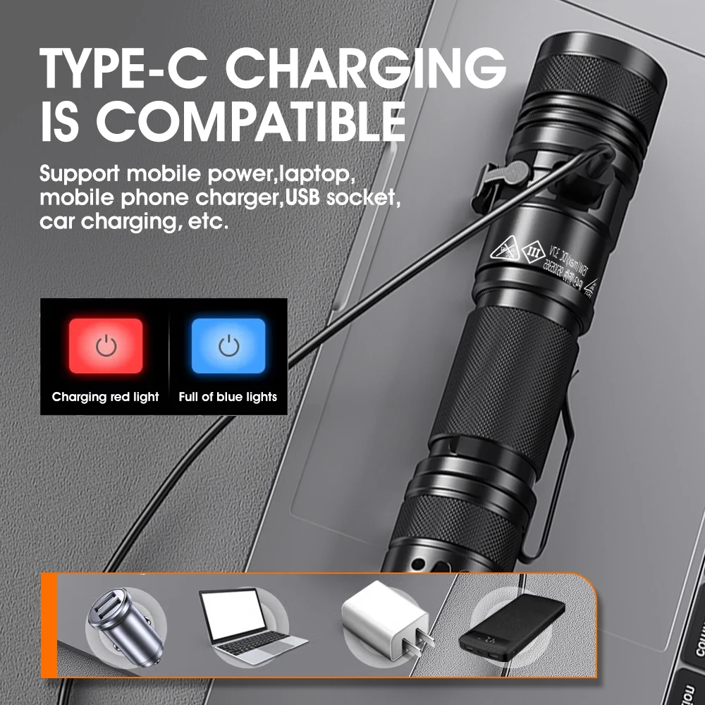 SUPERFIRE A2-S Powerful LED Flashlight Zoomable Tail USB Charging Waterproof Torch for Camping 5 Lighting Mode 26650 Battery