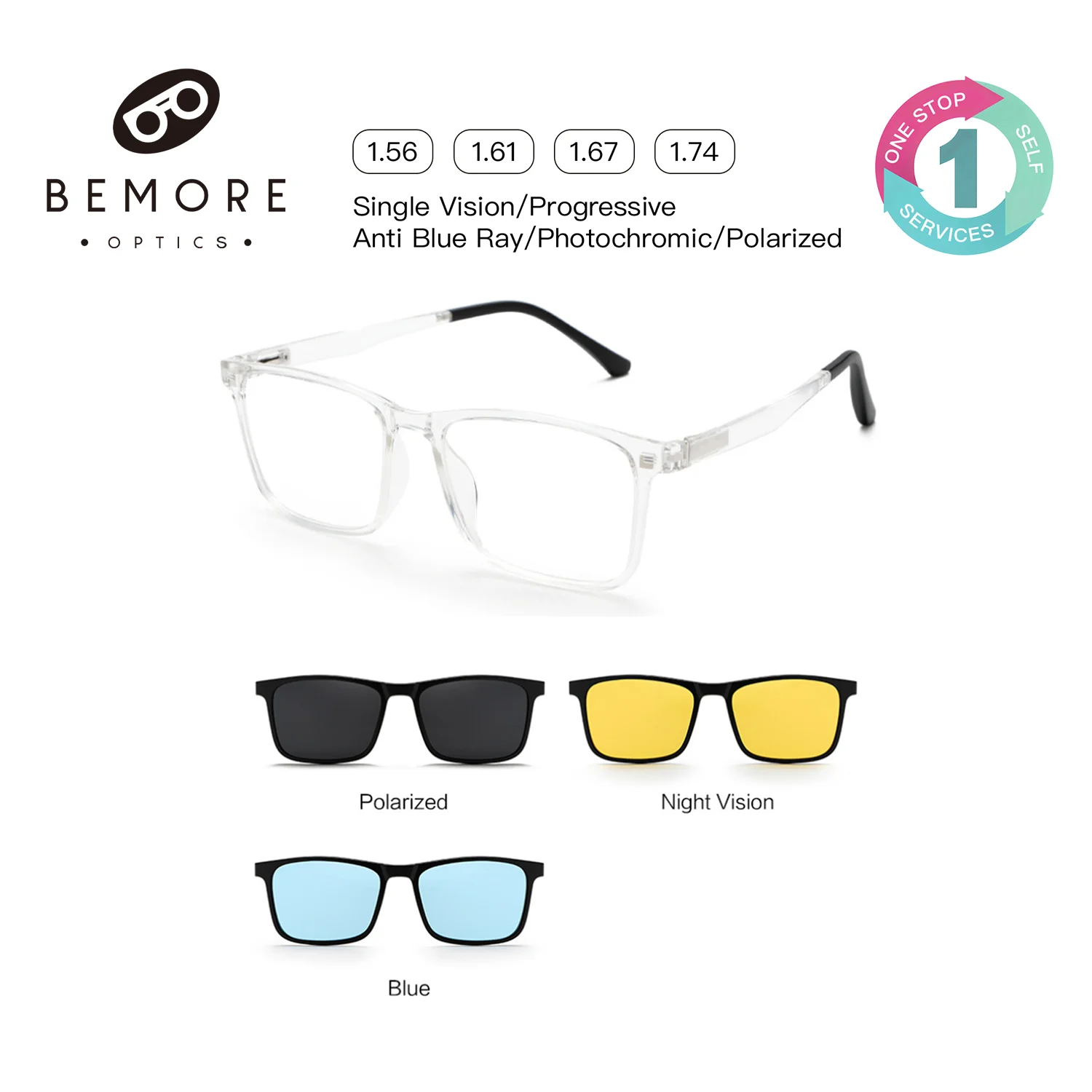 BEMORE TR90 Rectangle Clip Glasses with Diopters Plus Women's Reading Anti Blue Light be Customizable Prescription