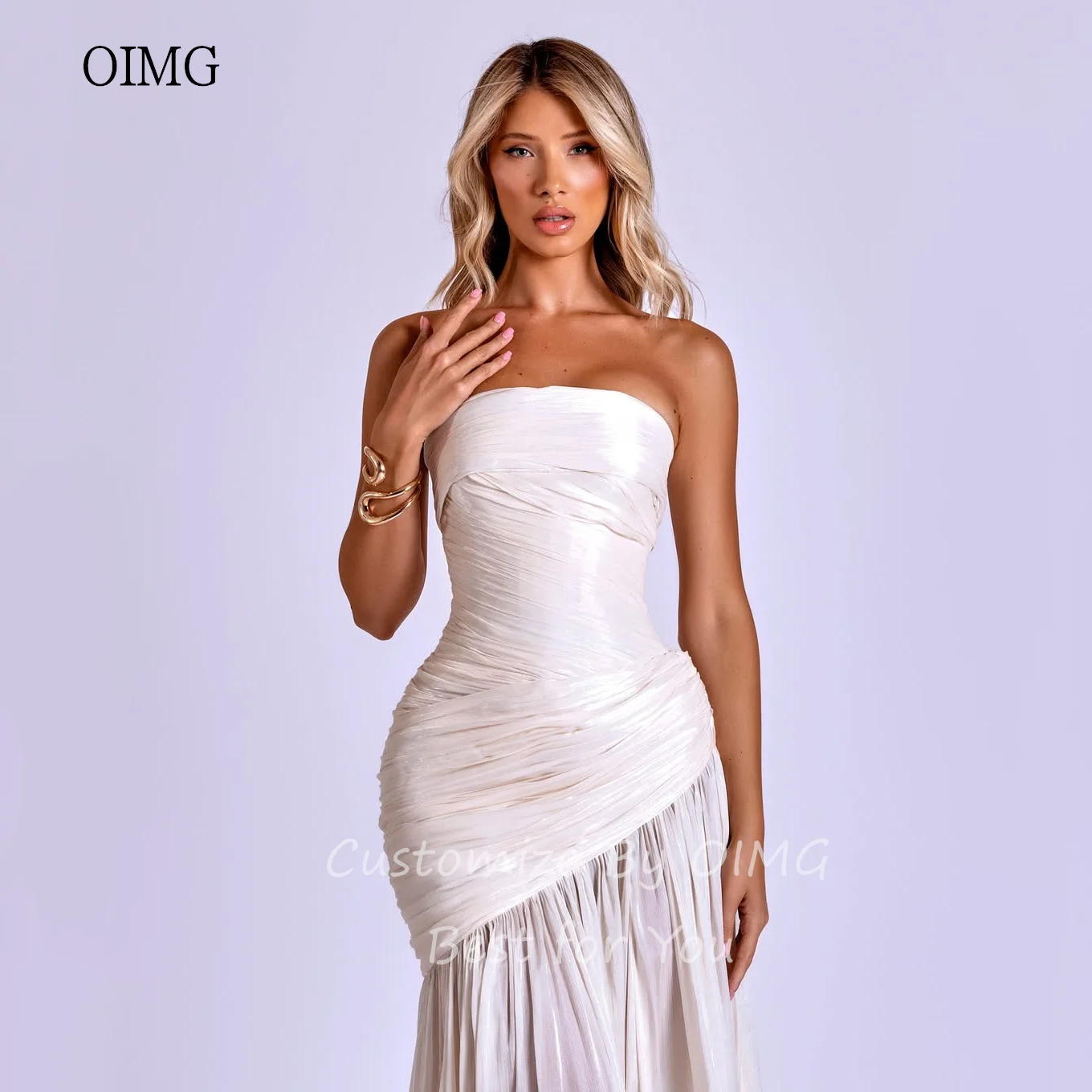 

OIMG Ivory Strapless Mermaid Prom Gowns Backless Pleated Party Gown Floor Length Evening Dress vestidos de festa Customized