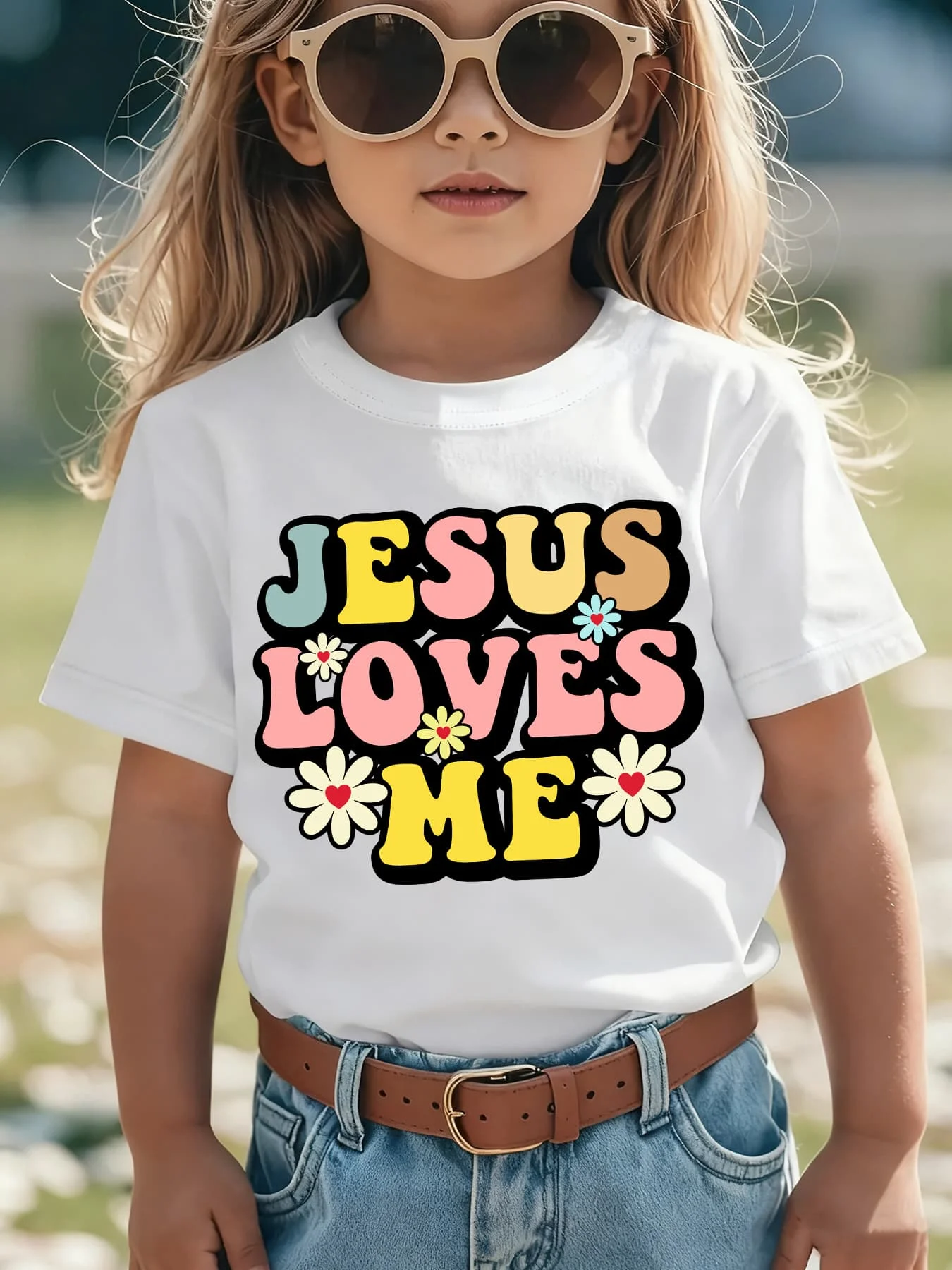 Jesus Loves Me Retro Daisy Heart Flower Family Matching Cotton Tees Short Sleeve Tops For Mom Dad Boys Girls Daily Wear