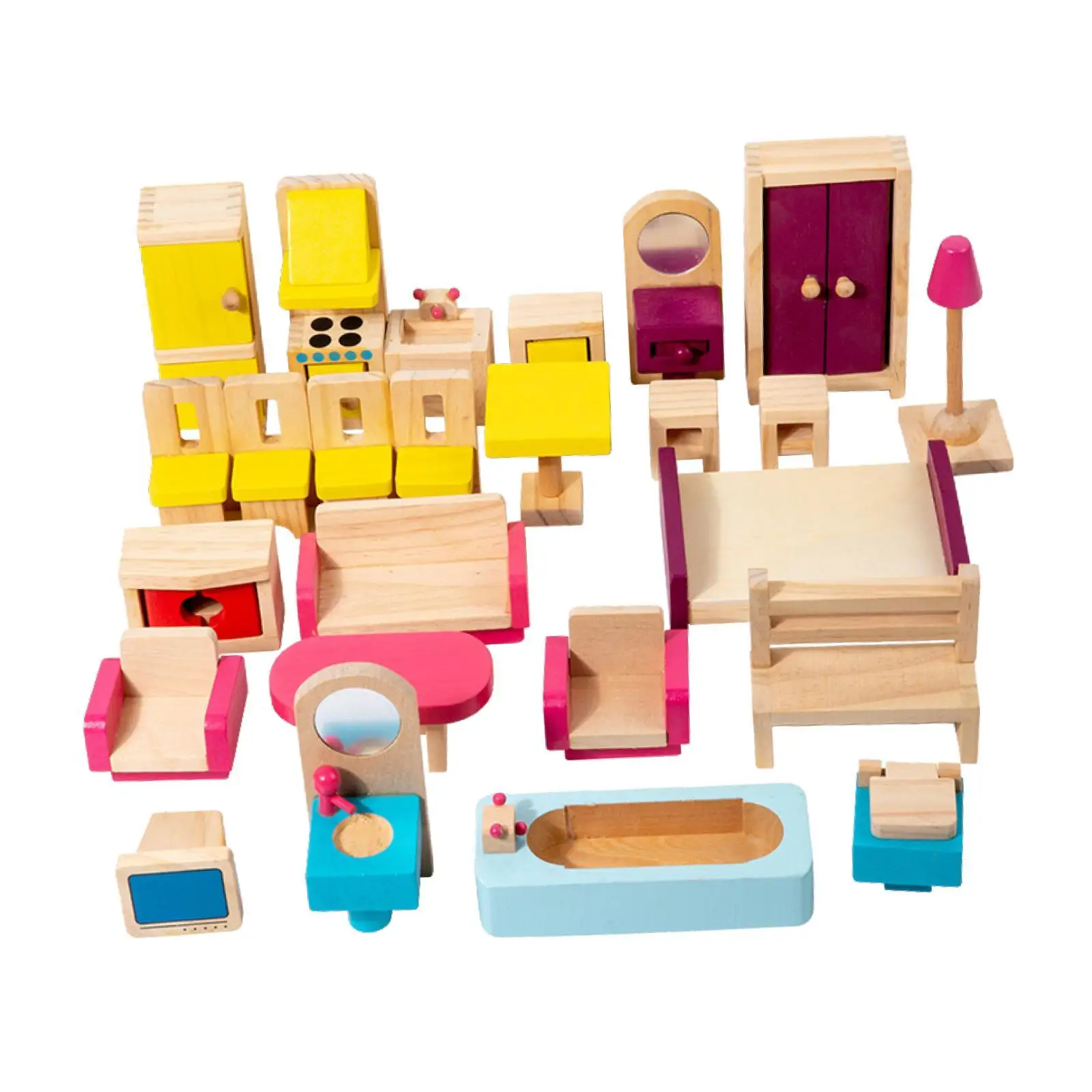 Ensemble de meubles miniatures en bois pour enfants, décor de maison de courses, artisanat de passe-temps classique pour garçons et filles, cadeau de Noël pour enfants, 26 pièces