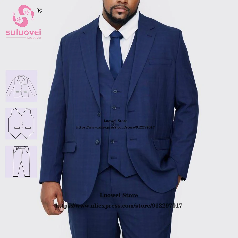 Fashion Plus Size Suits For Men Navy Blue Elegant 3 Piece Jacket Pants Set Formal Groom Wedding Tuxedos Traje De Hombre Elegante