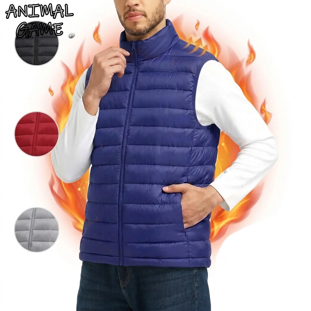 Men's Windproof Vest Lightweight Sleeveless Winter Zipper Jacket Stand Collar Warm Outerwear for Hiking Travel Work Coats Men