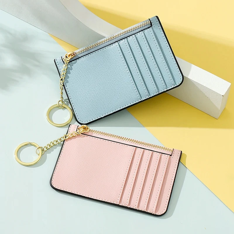 Multi-card Slot Ultra-thin Small Wallet PU Leather Mini Card Holder Women Solid Color Wallet ID Card Keychain Credit Card Holder