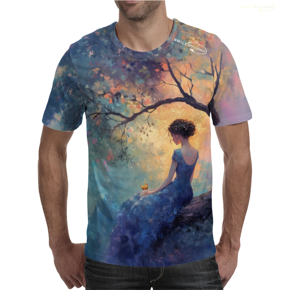 100% Cotton Tree Long Hair Beauty 3D Print Fashion T-Shirt Full  Moon Night Outing Short Sleeve Tops Oversized Unisex Kid's Tees