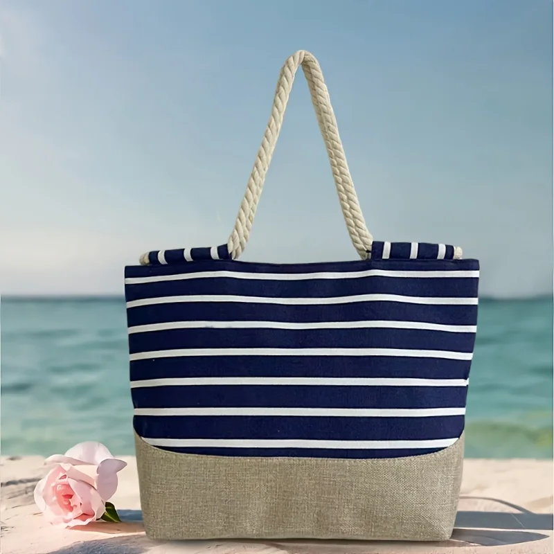 Vintage Bohemian Style Blue Striped Women's Tote Bag, Perfect for Travel, Shopping, and Daily Use, Large Capacity, Portable image 3