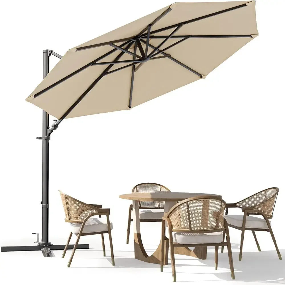 10-Foot Outdoor Patio Umbrella with Tilt and 4 Height Adjustments, Rotating, No Base, Ideal for Garden, Lawn, Pool, Beige