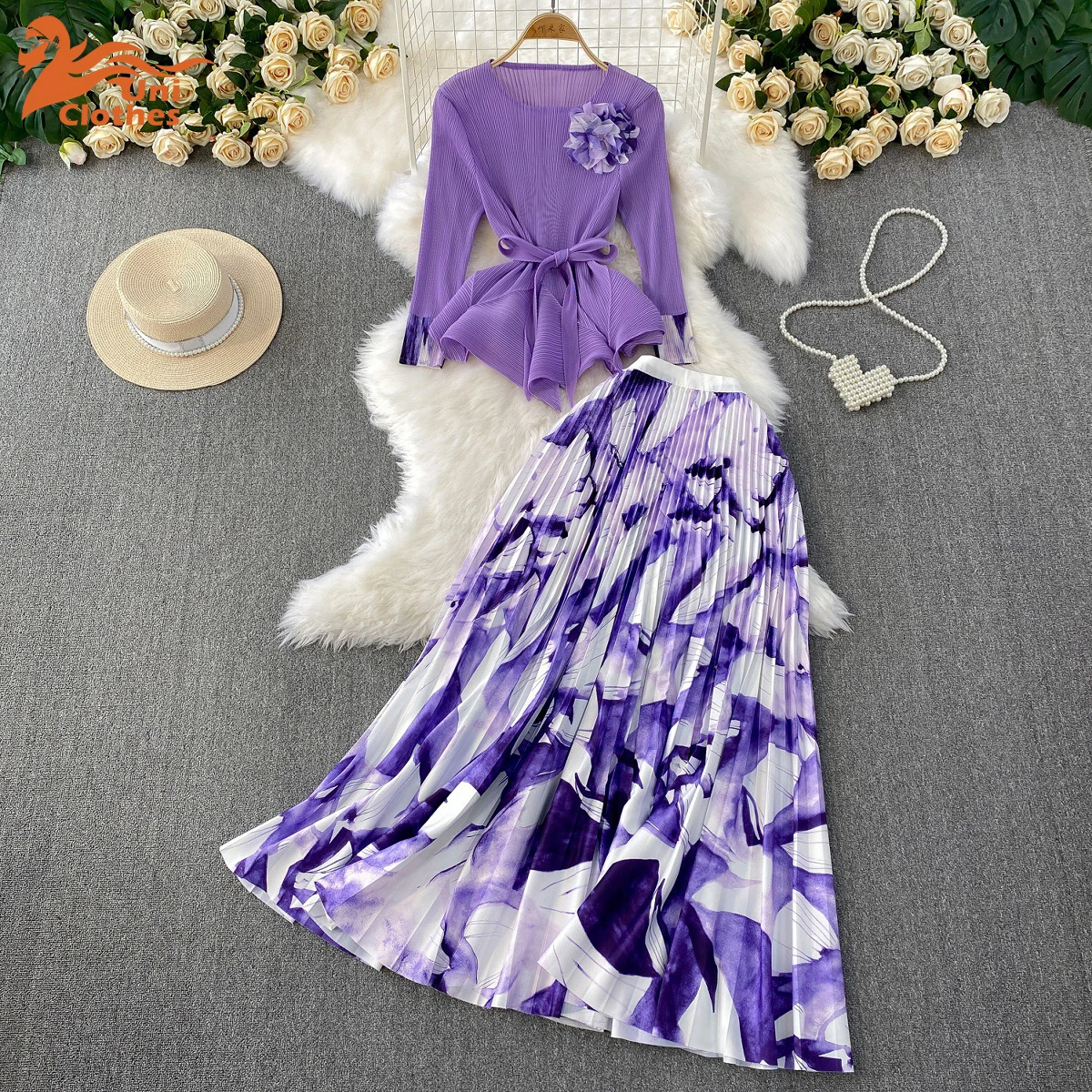 

UNI Pleated A-line Skirts 2 Pieces Set Women Fashion Ruffle Hem Flower Top + Long Folds Skirt Female Trendy Clothing
