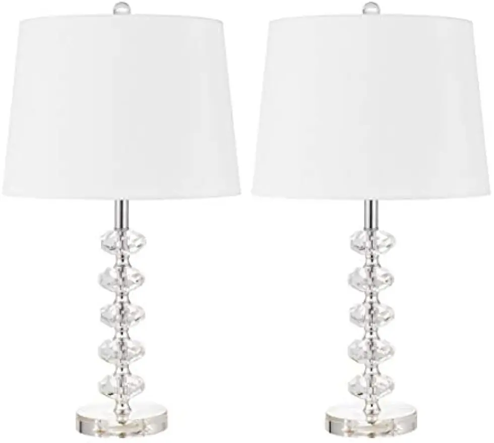 

Bedside Table Lamp Set of 2 w/Off-White Drum Shade 23" Modern Clear Stacked Crystal Ball Nightstand for Bedroom Collection