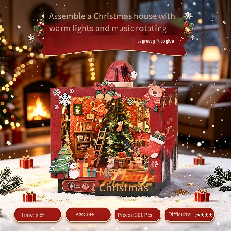 Wooden DIY Christmas Mini House Box‑Shape Diorama Kit With Light Rotating Music Function Hand‑assembled Micro‑Landscape Model