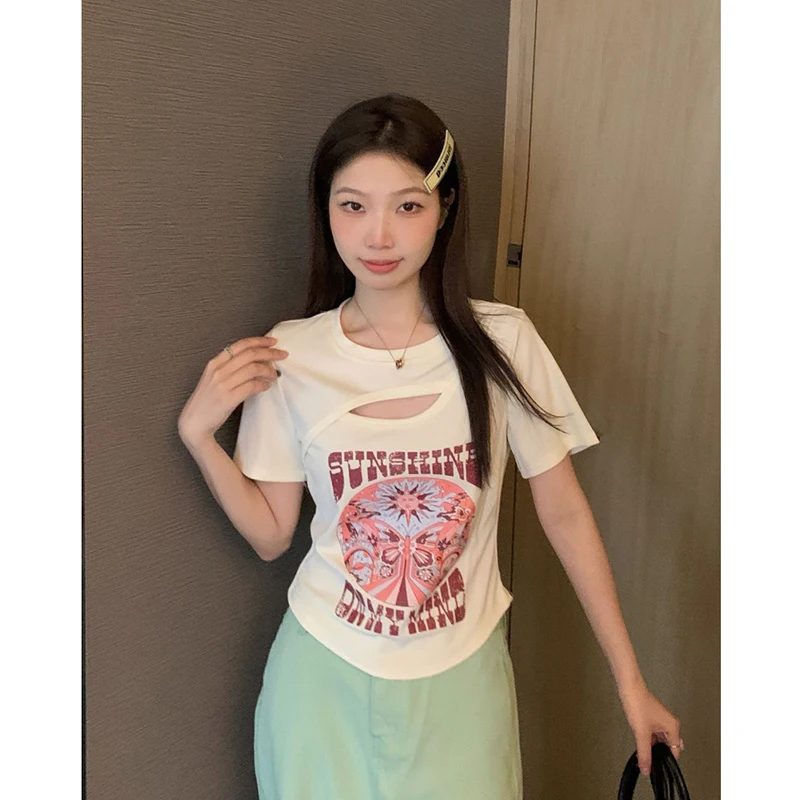 Women T Shirt Summer New Niche Print Short-sleeved Hollow Out Short Tops Students Cute Versatile Thin Tees Female
