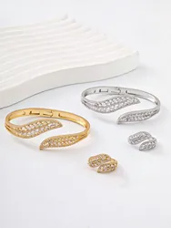 A set of women Europe and America irregular arc three row hollowed out luxury full zirconium spring open bracelet ring set