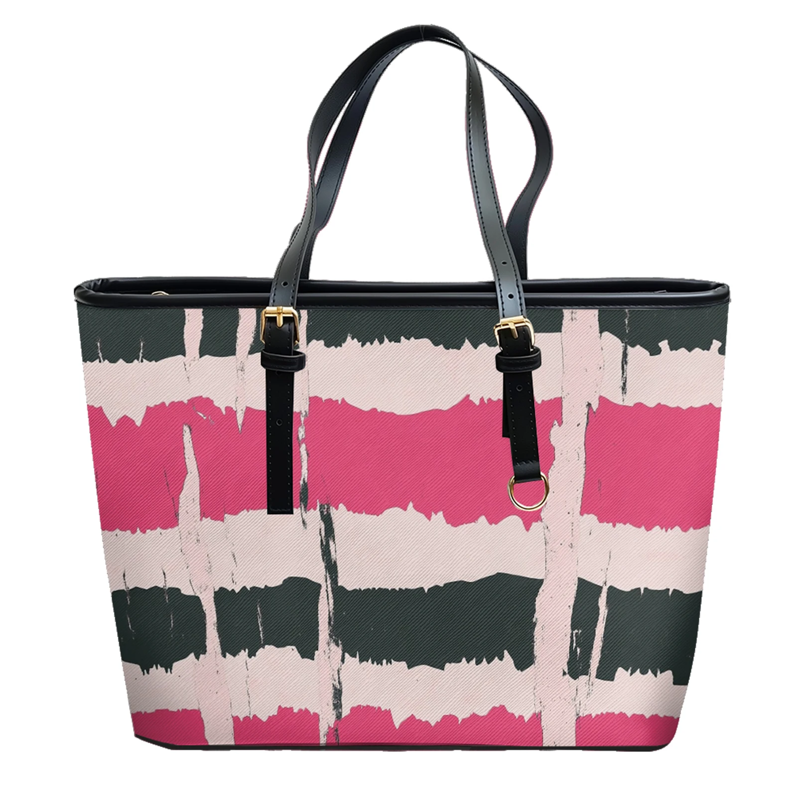 Multicolor Geometric Stripe Printed Oxford PVC Leather Shoulder Bag Zipper Lightweight Tote Daily Convertible Work Weekend Purse