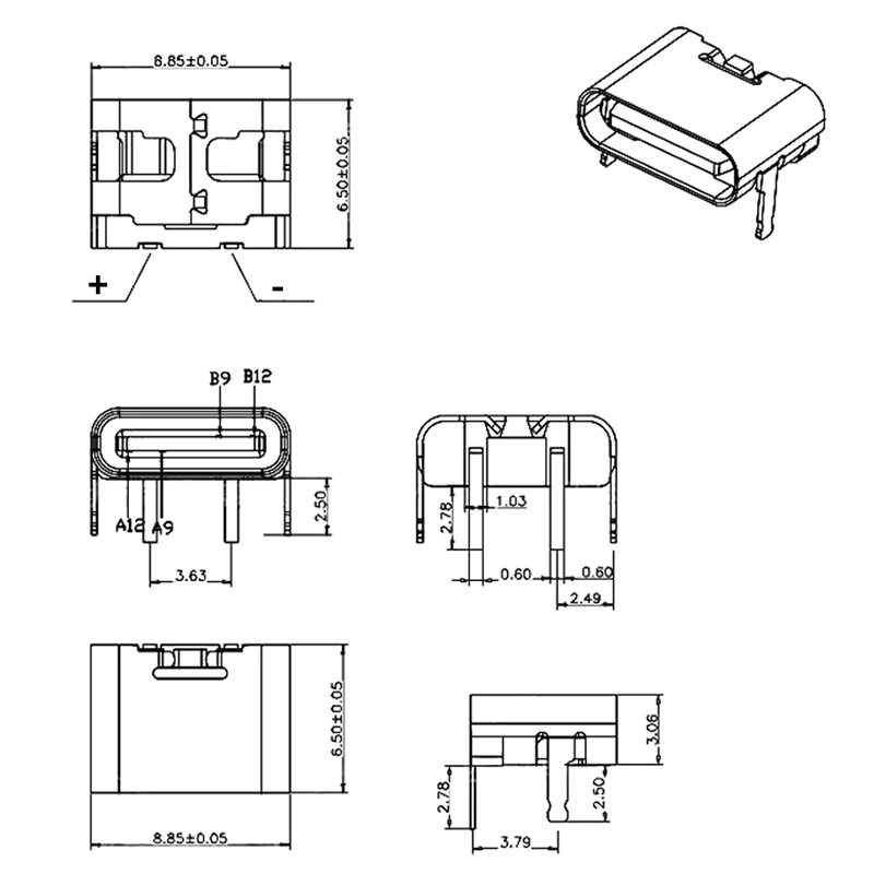 

10/30/50Pcs Type-C 2Pin Horizontal 90 ° Plug-in Board Quick Charging Type-C Female USB Female Plug-in Connector