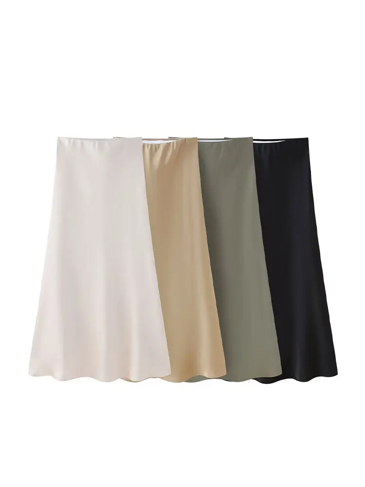 Tinsonan Elastic Waist Satin High Waist Slim Fitting Skirt Casual French Style A Line Solid Simply Midi Skirts