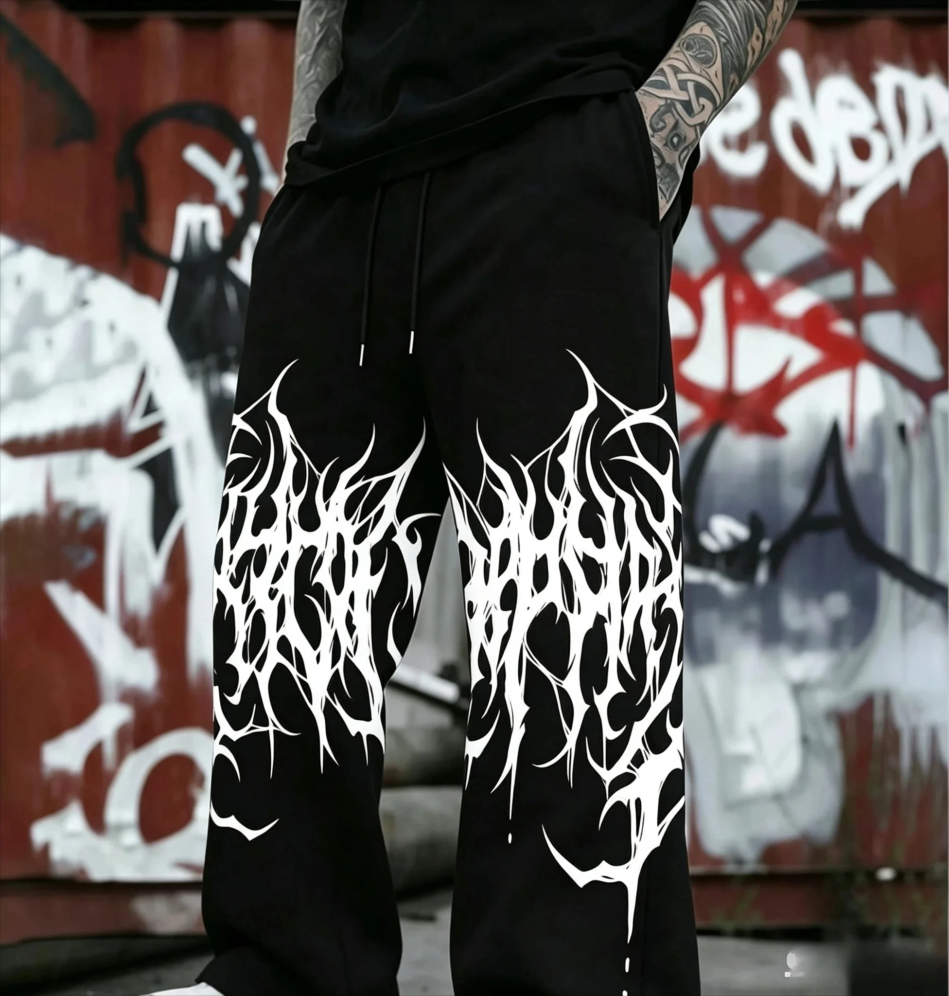 2026 Gothic metal font printed straight leg sports pants neutral dark street casual pants hip-hop straight line sports pants
