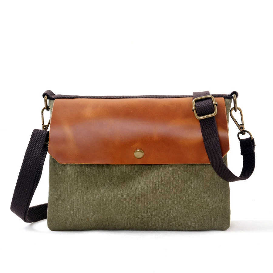 Best Seller Retro Small Messenger Bag Durable Canvas Cowhide Flap Single Strap Outdoor Travel Crossbody Handbag