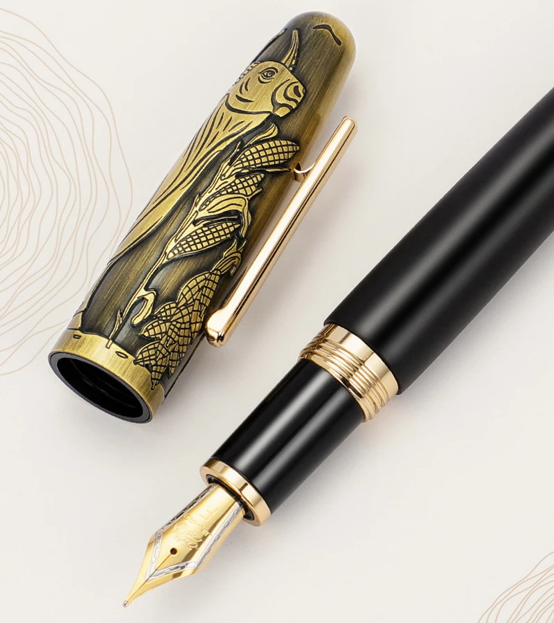 

Jinhao 9056A Black & Brass Bull Embossed Fountain Pen M Nib Handmade Wooden & Metal Vintage Writing Gift Pen